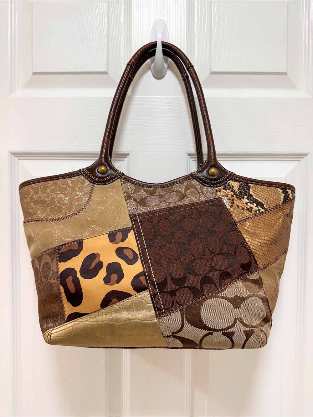 Coach Bleecker Patchwork Signature Jacquard Leather Animal Print Large Tote Y2K - Picture 7 of 17